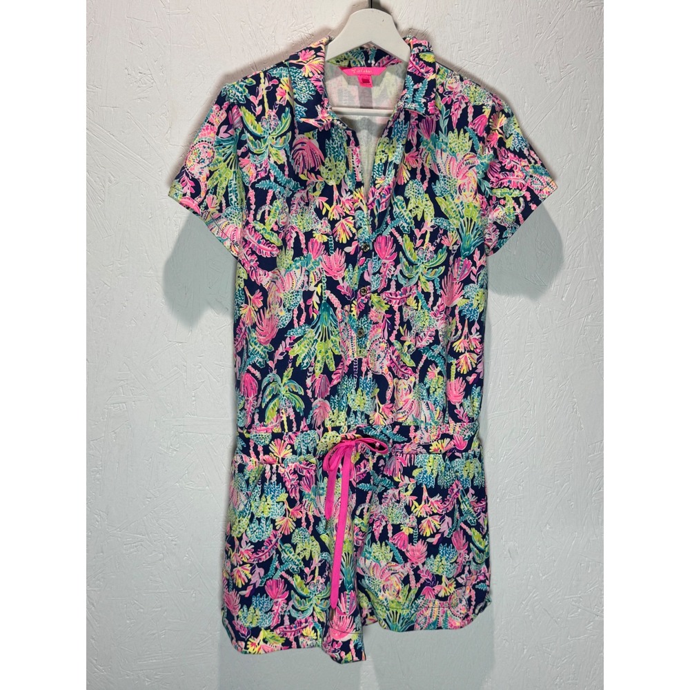 Lilly Pulitzer Jorgie Romper Womens Medium Pink Blue Tropical Knit Short Sleeve - Picture 2 of 4